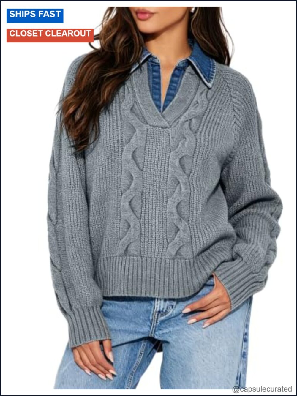 Women's Oversized Chunky Cable Knit Sweater with Denim Collar